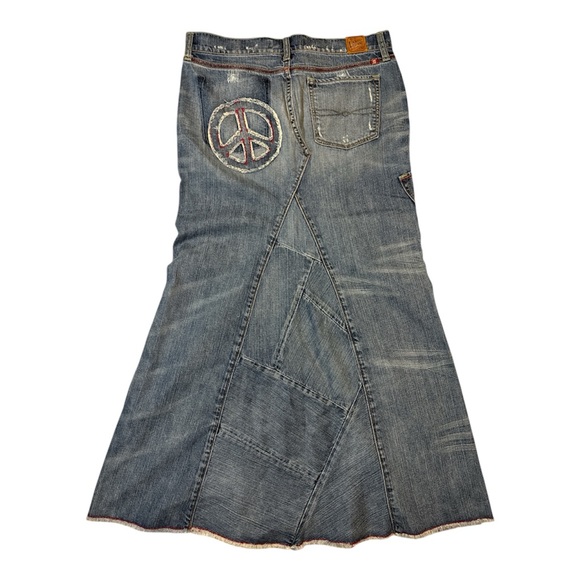 Lucky Brand Lucky Legend Patchwork Denim Maxi Skirt Peace Sign Boho Y2K Size 4 - Picture 3 of 7